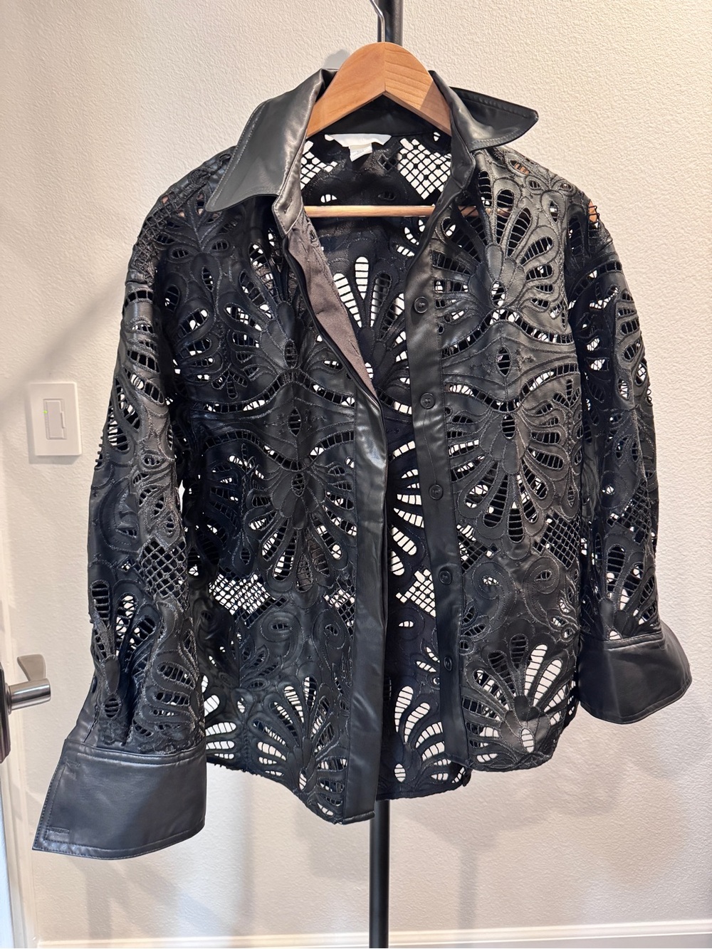 H&M Women's Black Laser-Cut Vegan Leather Button-Front Jacket